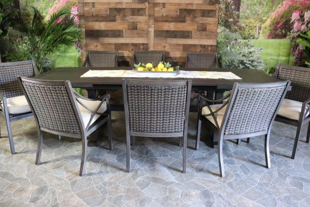 Agio Metropolitan Aluminum Wicker Outdoor Dining Patio Seating For Eight Extension Table Chairs Sunbrella Cushion