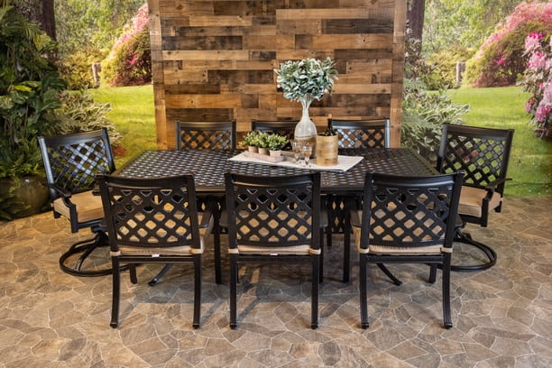 DWL Chateau Aluminum Outdoor Dining 46x86 Weave Table with 6 Stationary and 2 Swivel Dining Chairs