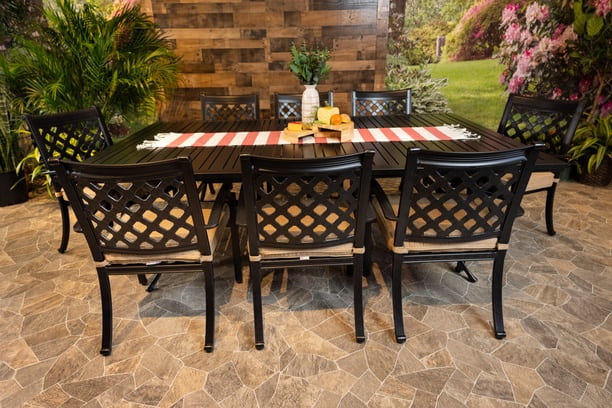 DWL Glenhaven Chateau Outdoor Aluminum Dining Set 60x93 Stone Harbor Slat Table 8 Dining Chairs