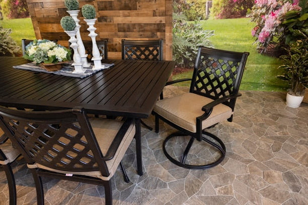 dwl patio umbrella Chateau 9 Piece Outdoor Dining Set - 46" x 93" Stone Harbor Dining Table, 6 Chairs and 2 Swivel Chairs