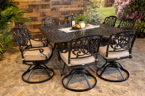 DWL Glenhaven Lynnwood Aluminum Outdoor Dining 64x64 Square Chelsea Table with 8 Swivel Chairs