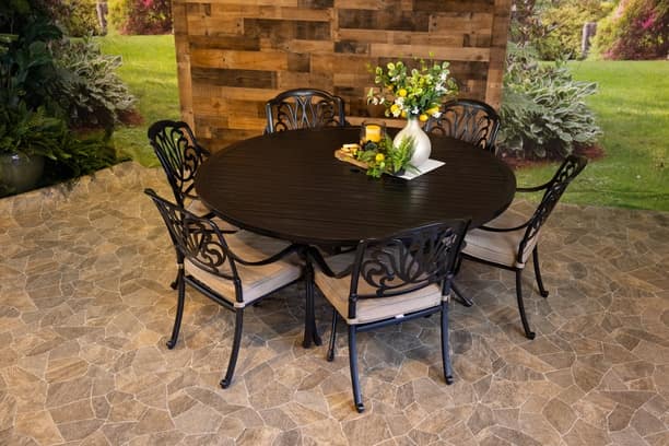 DWL Glenhaven Lynnwood Aluminum Outdoor Dining 66 Round Stone Harbor Slat Table with 6 Dining Chairs
