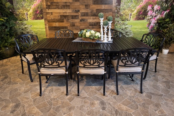 DWL Glenhaven Lynnwood Aluminum Patio Dining 46x93 Stone Harbor Table with 8 Dining Chairs