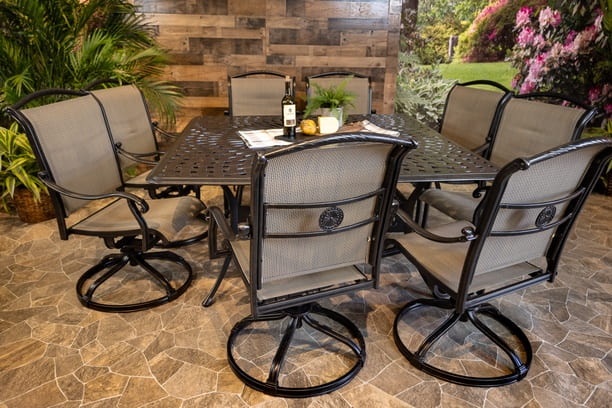 DWL Glenhaven Vienna Sling Aluminum Outdoor Dining 64x64 Square Chelsea Table with 8 Swivel Chairs