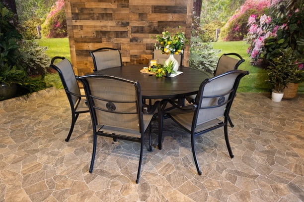 DWL Glenhaven Vienna Sling Aluminum Patio Dining 66 Round Stone Harbor Slat Table with 6 Dining Chairs