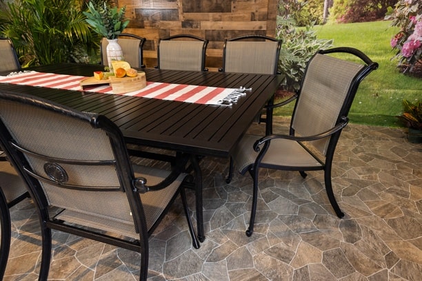 DWL Glenhaven Vienna Sling Outdoor Aluminum Dining 60x93 Table Stone Harbor and 8 Dining Sling Chairs