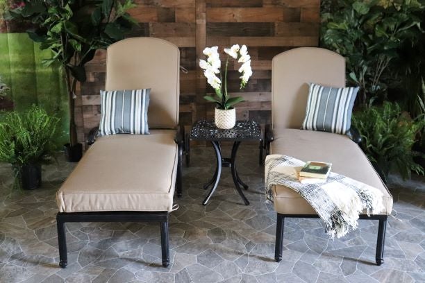 dwl lillian aluminum lynnwood outdoor seating chaise lounge set drink table sunbrella