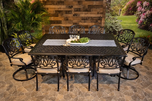 DWL Lynnwood 60x84 Weave Aluminum Outdoor Dining Table with 6 Stationary and 4 Swivel Dining Chairs