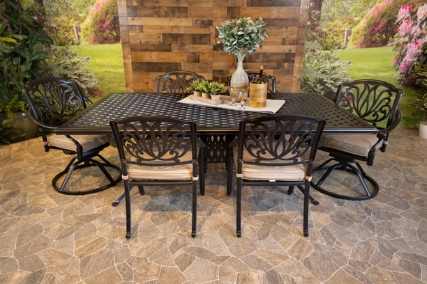 DWL Lynnwood Aluminum Outdoor Dining 46x86 Weave Table with 4 Stationary and 2 Swivel Dining Chairs