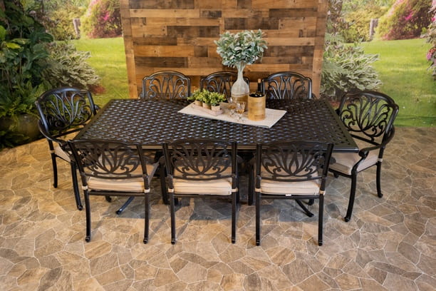 DWL Lynnwood Aluminum Outdoor Dining 46x86 Weave Table with 8 Dining Chairs