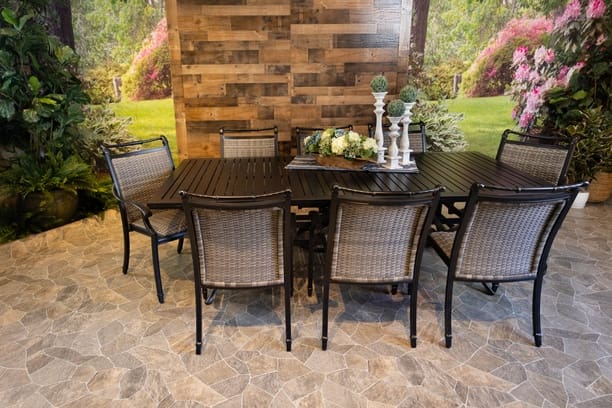 Glenhaven Bimini Aluminum Outdoor Dining 46x93 Stone Harbor Table with 8 Dining Chairs