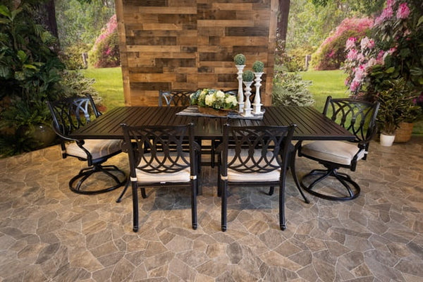 Glenhaven Chelsea Aluminum Outdoor Dining 46x93 Stone Harbor Table with 4 Stationary and 2 Swivel Dining Chairs