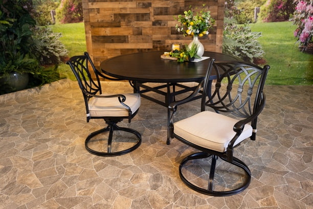 Glenhaven Chelsea Aluminum Outdoor Dining 66 Round Stone Harbor Table with Swivel Chairs