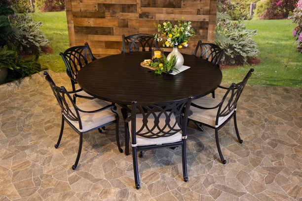Glenhaven Chelsea Aluminum Patio Dining 66 Round Stone Harbor Table with 6 Dining Chairs
