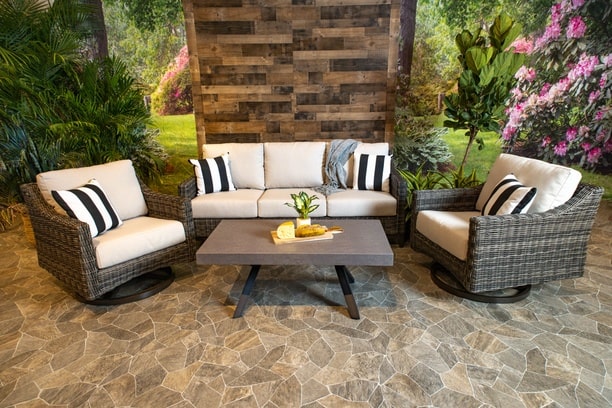 Patio Renaissance Somerset Wicker Seating Group Outdoor Furniture Sofa with 2 Swivel Rockers and Coffee Table