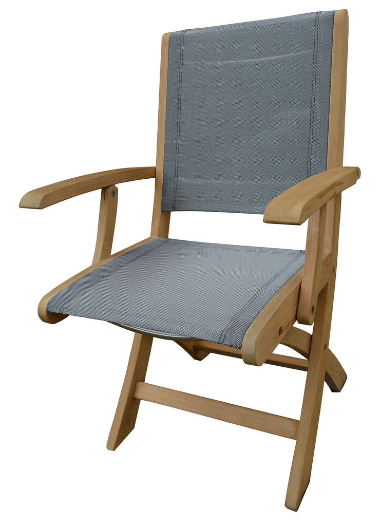 three birds casual riviera folding sling arm chair teak titanium