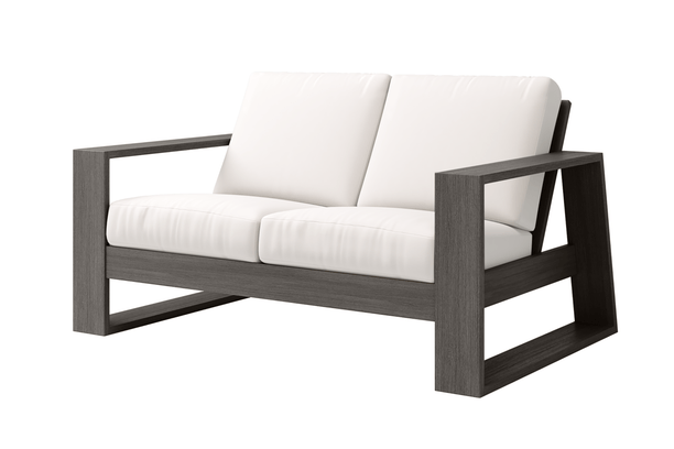 Ebel Novara Outdoor Patio Furniture Seating Aluminum Loveseat Smoke Front Sunbrella Cushion