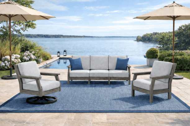 Artifex Stanton Outdoor Patio Seating Sofa, Club Chair, and Swivel Rocker Set with Coastal Gray Polymer Frames and Sunbrella Cushions Included in Cast Silver