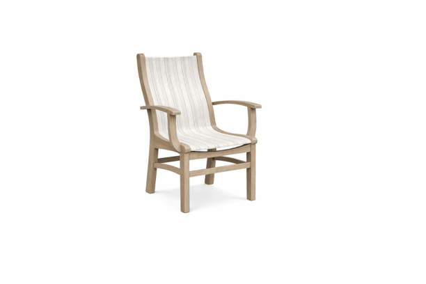 Casual Comfort Bayshore Dining Arm Chair Weathered Birch Polymer with Gradient Cabana Silver Mist Sling