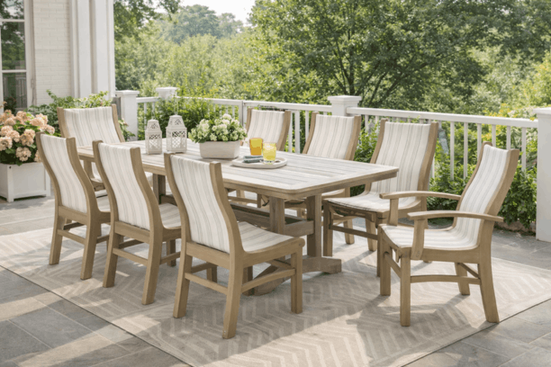 Casual Comfort Bayshore Outdoor Patio Dining Set Weathered Birch Polymer with Sling Chairs
