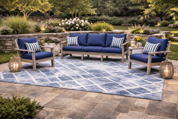 Casual Comfort Simplicity Outdoor Patio Seating 3-Piece Set Weathered Birch Poly Frames with Sunbrella Canvas Navy Cushions
