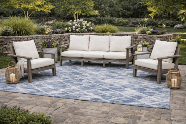 Casual Comfort Simplicity Outdoor Polymer Patio Seating Set Coastal Gray and Linen Natural Sunbrella Cushions