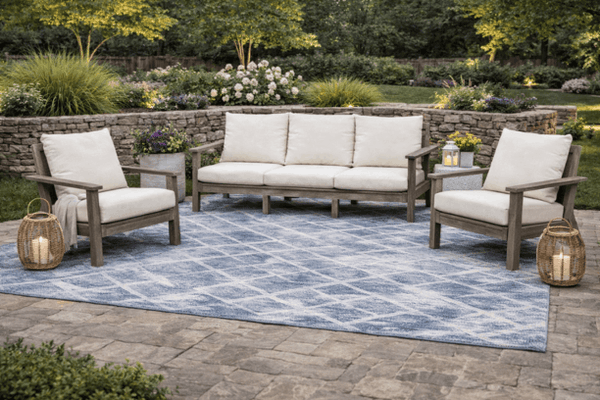 Casual Comfort Simplicity Outdoor Polymer Patio Seating Set Coastal Gray and Linen Natural Sunbrella Cushions