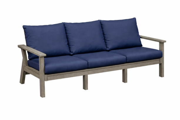 Casual Comfort Simplicity Sofa Outdoor Patio Furniture Weathered Birch Poly Frames Canvas Navy Sunbrella Cushions