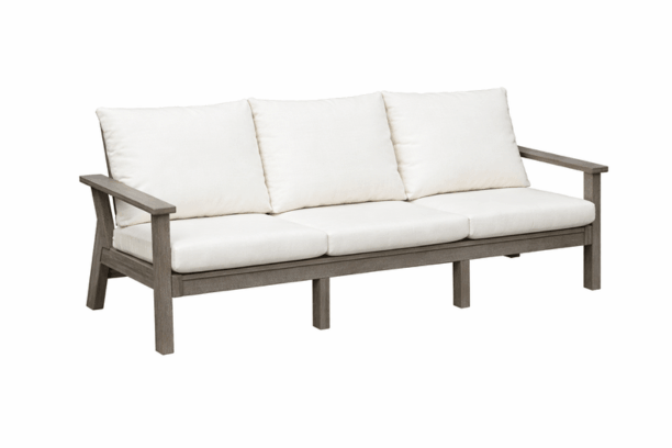 Casual Comfort Simplicity Sofa Outdoor Polymer Patio Furniture Coastal Gray Frame and Linen Natural Sunbrella Cushions