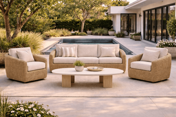 Ebel Boulevard Outdoor Patio Seating Barley Eco Weave Sofa, 2 Club Chairs, and Forano/Bellino Coffee Table