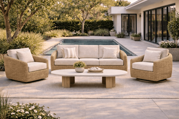 Ebel Boulevard Outdoor Patio Seating Barley Eco Weave Sofa, Two Swivel Rockers, and Forano/Bellino Coffee Table