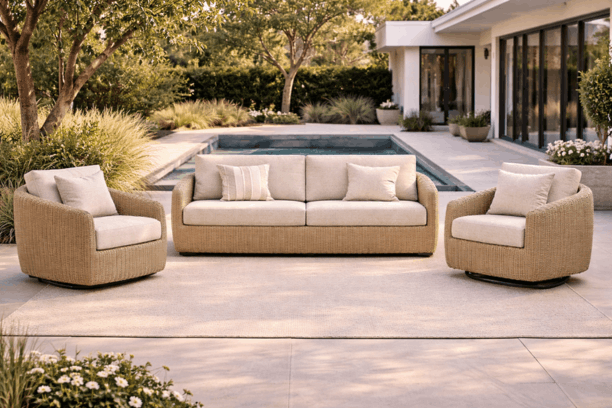 Ebel Boulevard Outdoor Patio Seating Barley Eco Weave XL Sofa and 2 Swivel Rockers