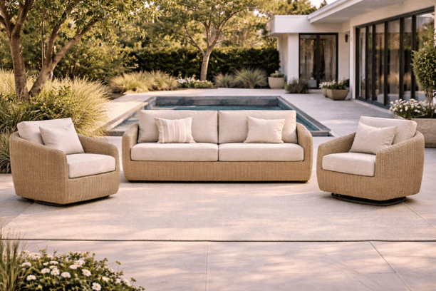 Ebel Boulevard Outdoor Patio Seating Barley Eco Weave XL Sofa, Club Chair, and Swivel Rocker