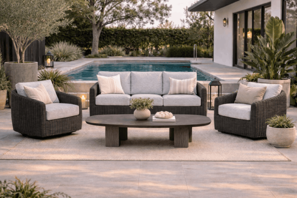 Ebel Boulevard Outdoor Patio Seating Coal Eco Weave Sofa, 2 Club Chairs, and Forano/Bellino Coffee Table