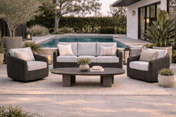 Ebel Boulevard Outdoor Patio Seating Coal Eco Weave Sofa, 2 Club Chairs, and Forano/Bellino Coffee Table