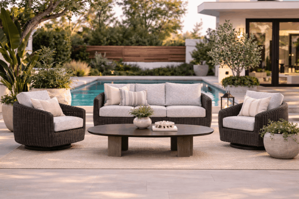 Ebel Boulevard Outdoor Patio Seating Coal Eco Weave Sofa, 2 Swivel Chairs, and Forano/Bellino Coffee Table
