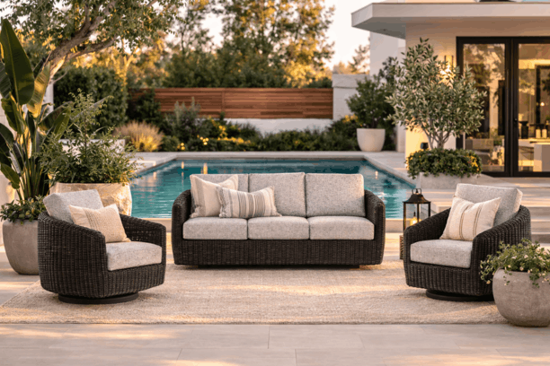 Ebel Boulevard Outdoor Patio Seating Coal Eco Weave Sofa and 2 Swivel Chairs
