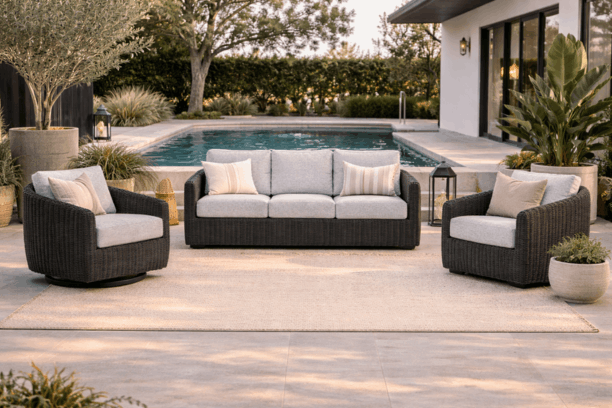 Ebel Boulevard Outdoor Patio Seating Coal Eco Weave Sofa, Club Chair, and Swivel Chair