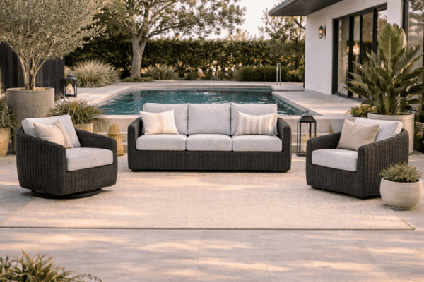 Ebel Boulevard Outdoor Patio Seating Coal Eco Weave Sofa, Club Chair, and Swivel Chair
