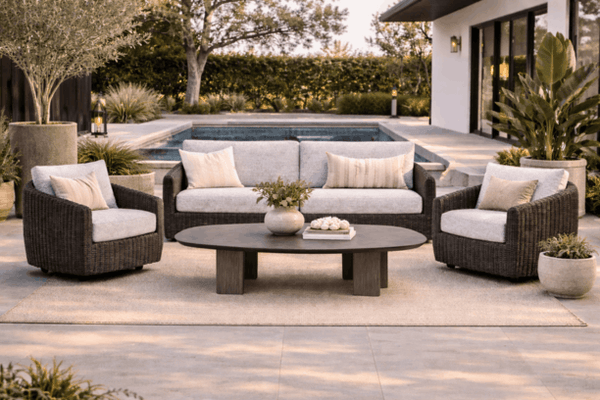 Ebel Boulevard Outdoor Patio Seating Coal Eco Weave XL Sofa, 2 Club Chairs, and Forano/Bellino Coffee Table