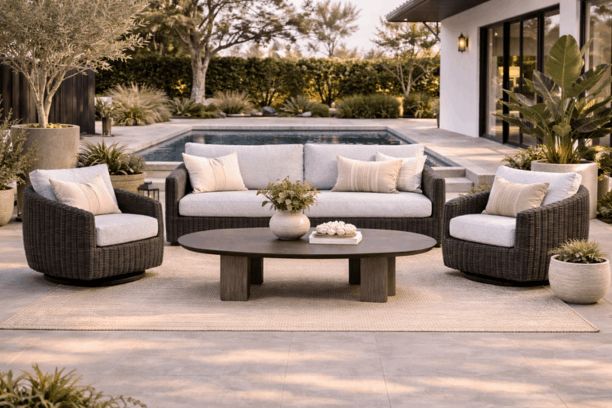 Ebel Boulevard Outdoor Patio Seating Coal Eco Weave XL Sofa, 2 Swivel Chairs, and Forano/Bellino Coffee Table