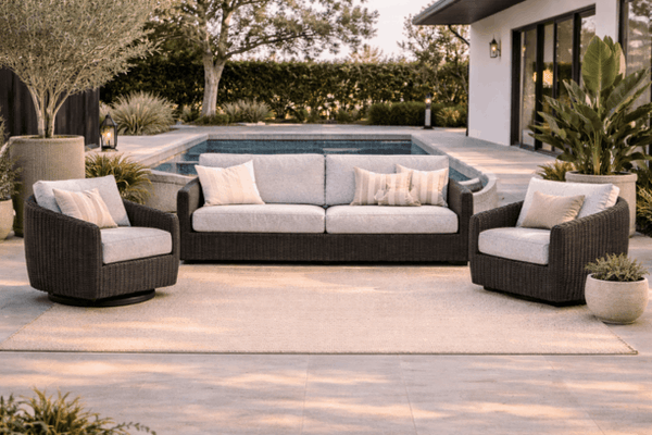Ebel Boulevard Outdoor Patio Seating Coal Eco Weave XL Sofa, Club Chair, and Swivel Chair