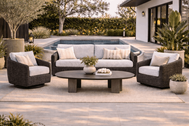 Ebel Boulevard Outdoor Patio Seating Coal Eco Weave XL Sofa, Club Chair, Swivel Chair and Forano/Bellino Coffee Table