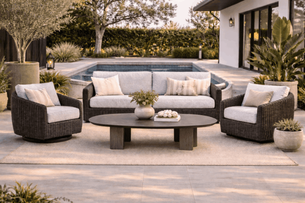 Ebel Boulevard Outdoor Patio Seating Coal Eco Weave XL Sofa, Club Chair, Swivel Chair and Forano/Bellino Coffee Table