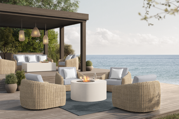 Ebel Boulevard all weather wicker outdoor patio seating club chairs, swivel rockers, sofa and firepit barley