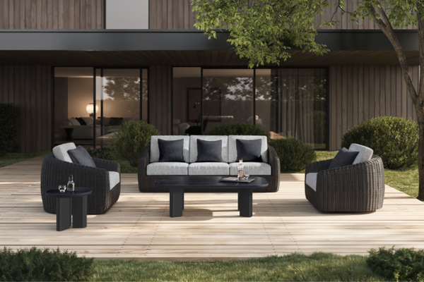Ebel Boulevard all weather wicker outdoor patio and porch seating sofa, club chair and swivel rocker with aspen + bellino aluminum coffee table in coal