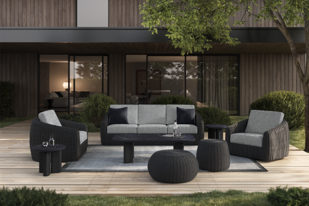 Ebel Boulevard All weather wicker outdoor patio seating sofa, club chair and swivel rocker with Forano + Bellino aluminum coffee table and wicker pouf in coal