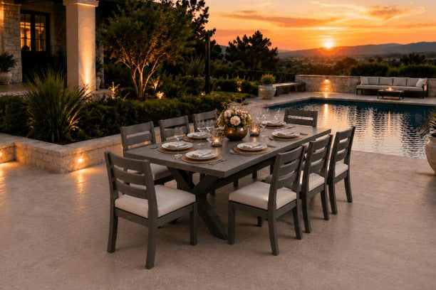 Ebel Novara Aluminum and Trevi Aluminum Outdoor Dining Collection seats 8 with Modern styling