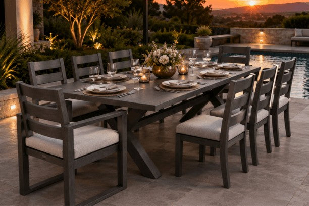 Ebel Novara and Trevi Aluminum Outdoor Patio Dining Set with Arm Chairs and Side Chairs to seat 8 in a Smoke finish with Sunbrella Cast Silver Cushions