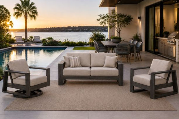 Ebel Novara Aluminum Outdoor Furniture Loveseat Club Chair and Swivel Rocker in Smoke Finish